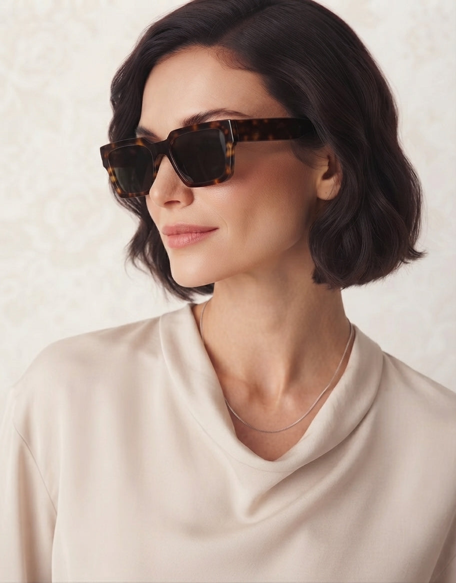 Chunky rectangke sunglasses with smoke lens in tortoiseshell