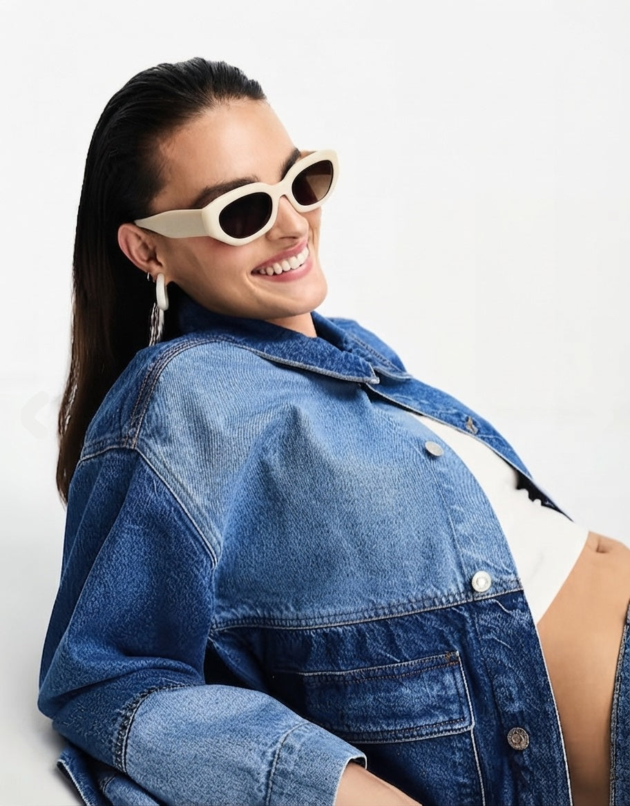 Angled sunglasses with ecru frame & smoke lens