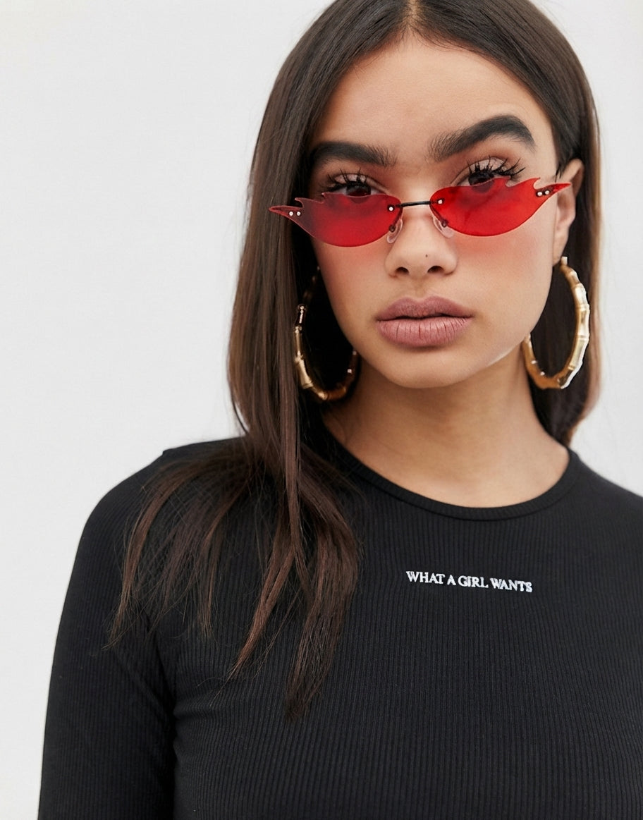 Rimless fashion sunglasses with flame design in red ombre