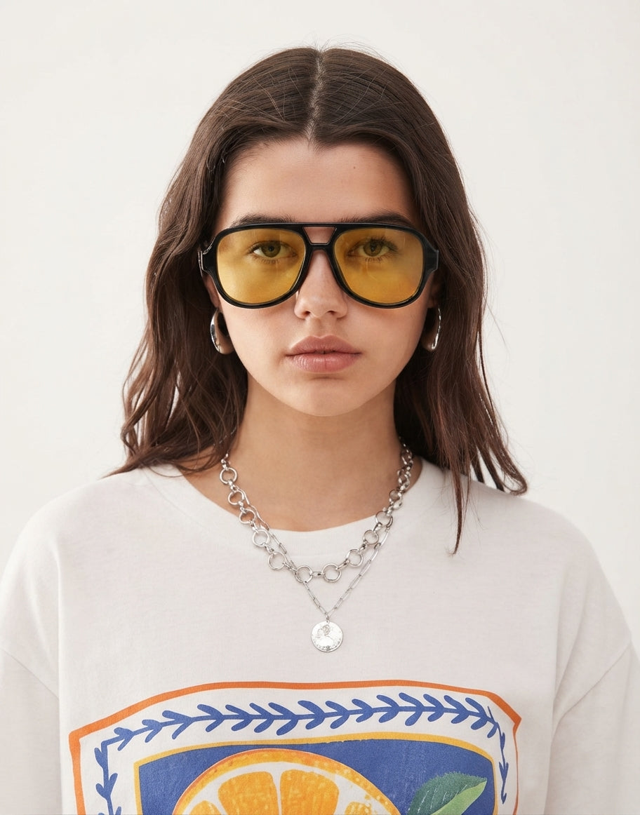 70's aviator sunglasees with yellow lens in black