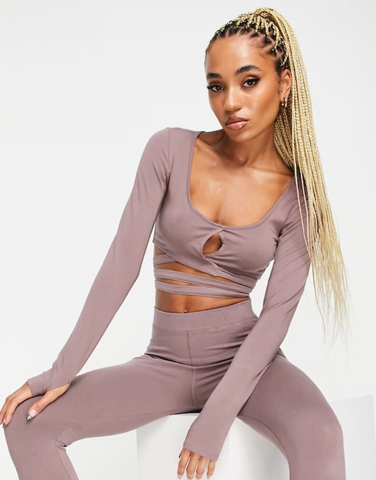 Crop top with wrap and tie details in mink