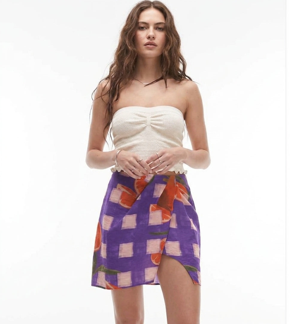 Orange check printed mini skirt in purple