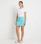 Textured mini skirt with front cut out in turquoise