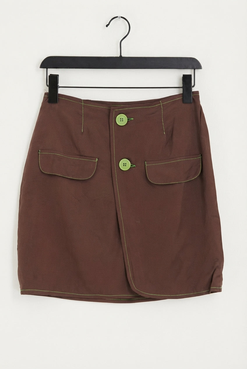 Button front mini skirt with contrast stitch in chocolate brown