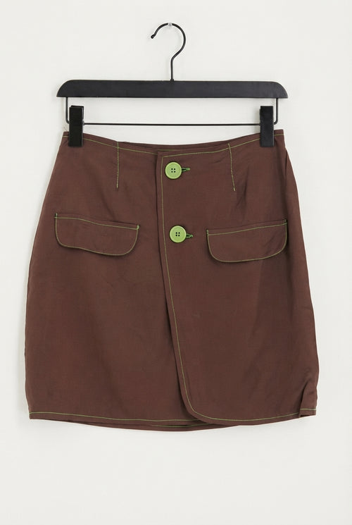 Button front mini skirt with contrast stitch in chocolate brown
