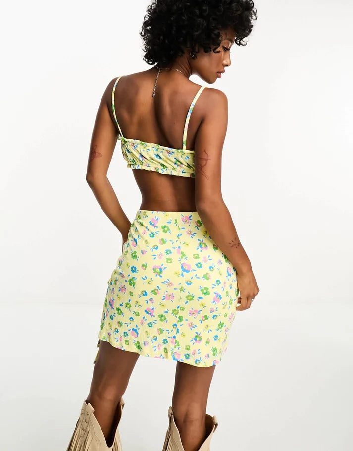Exclusive tie side mini skirt co-ord in yellow ditsy floral