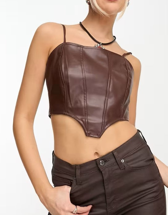 Faux leather corset top co- ord in chocolate brown