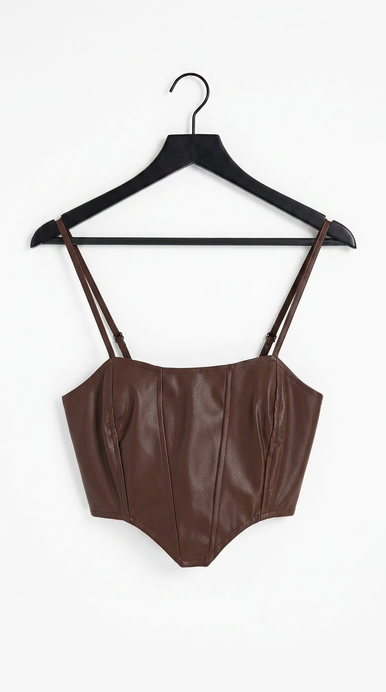 Faux leather corset top co- ord in chocolate brown