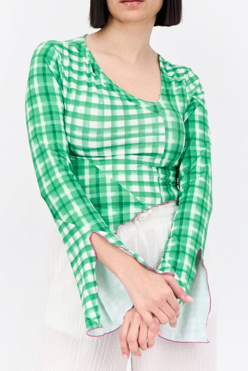 Exclusive asymmetric cropped top co-ord with flared sleeves in green gingham