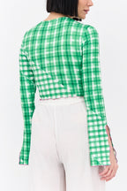 Exclusive asymmetric cropped top co-ord with flared sleeves in green gingham