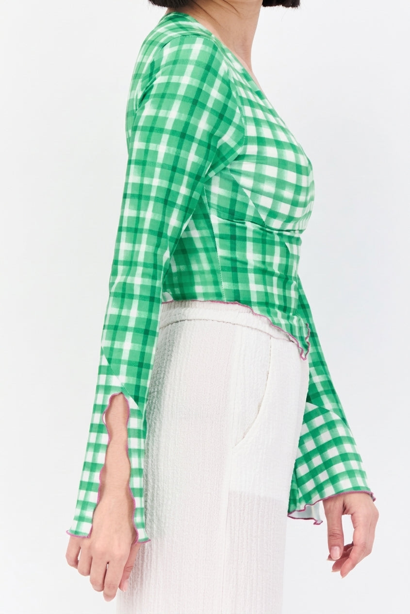 Exclusive asymmetric cropped top co-ord with flared sleeves in green gingham