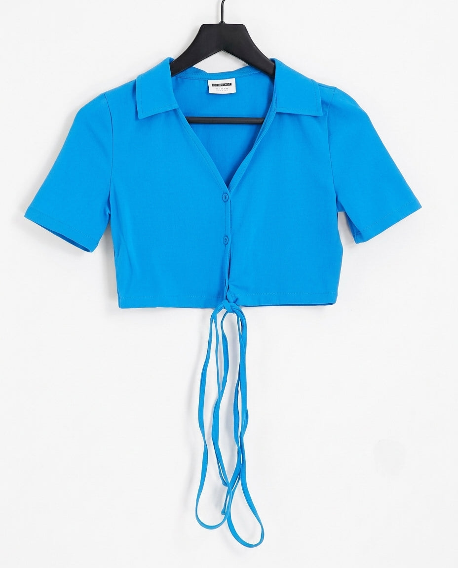 Tie detail t- shirt co-ord in bright blue