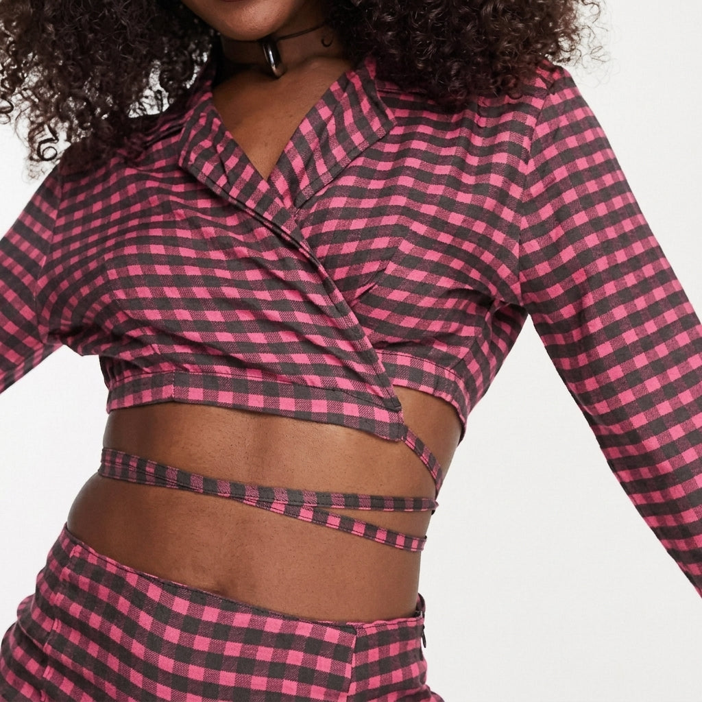 Tie waist cropped blazer co-ord in pink check