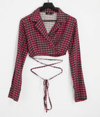 Tie waist cropped blazer co-ord in pink check