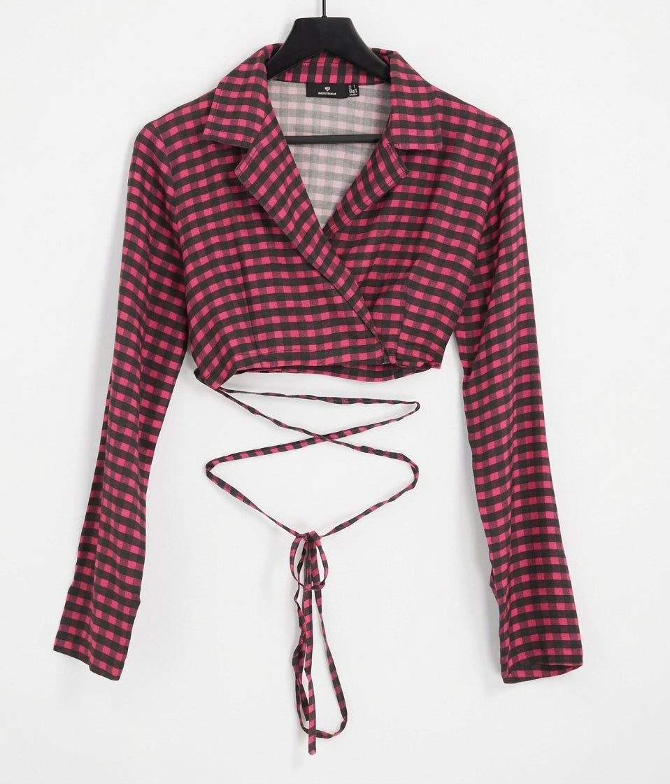 Tie waist cropped blazer co-ord in pink check