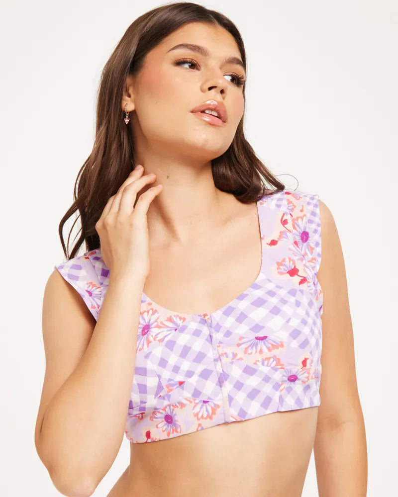 Open back crop top co-ord in lilac mixed gingham