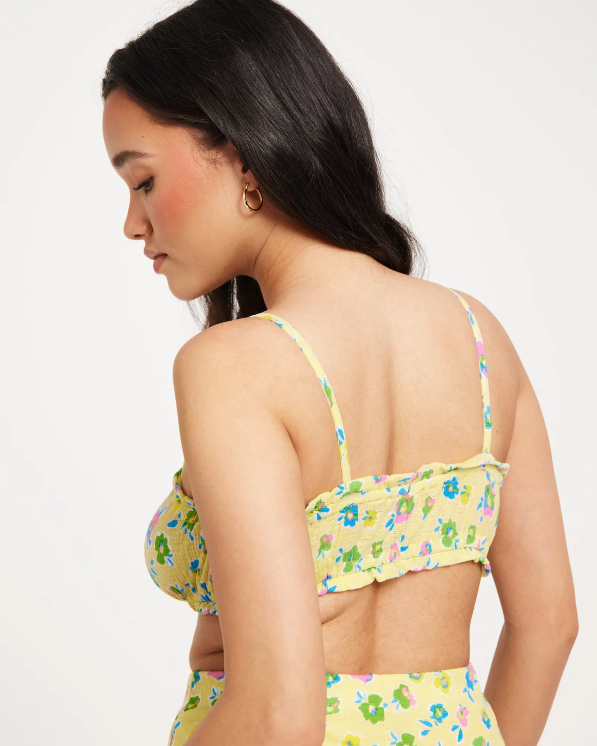 Tall tie detail crop top co-ord in yellow disty floral