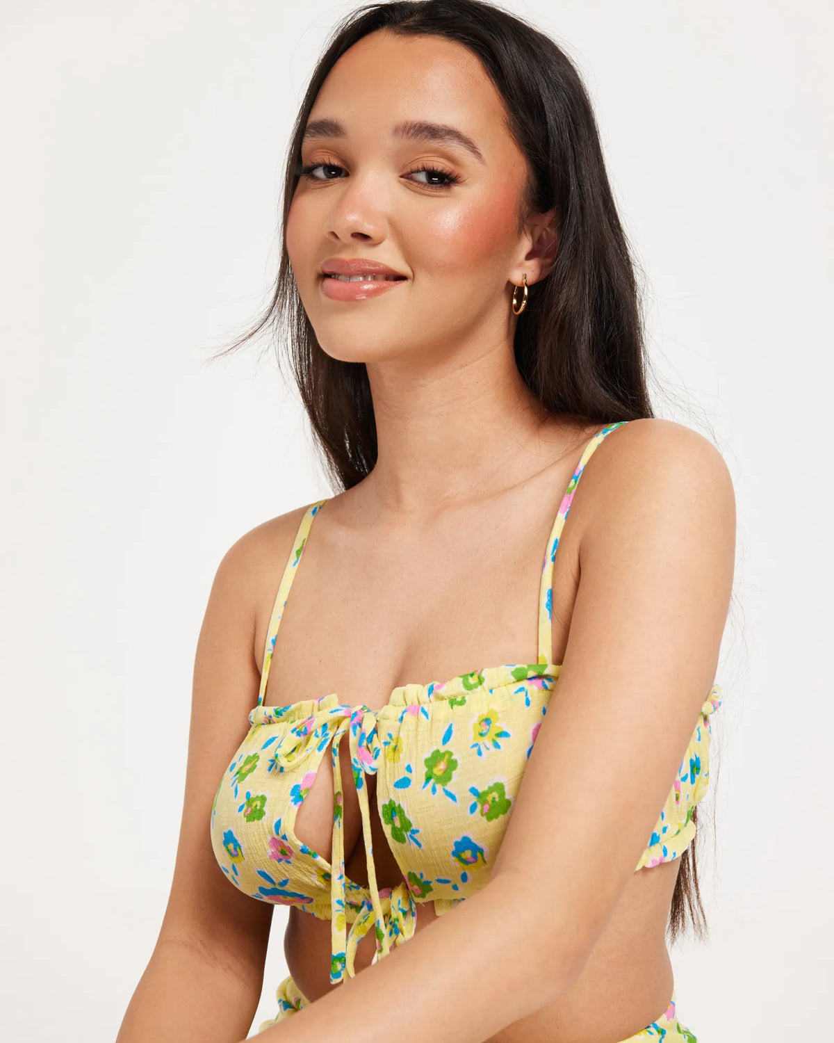 Tall tie detail crop top co-ord in yellow disty floral