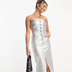 Metallic denim corset top co-ord in silver