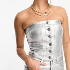 Metallic denim corset top co-ord in silver
