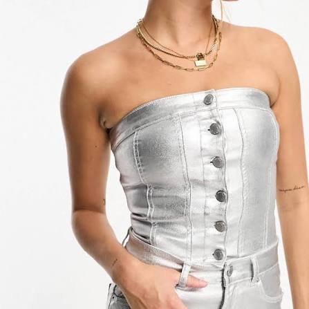 Metallic denim corset top co-ord in silver