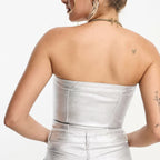 Metallic denim corset top co-ord in silver