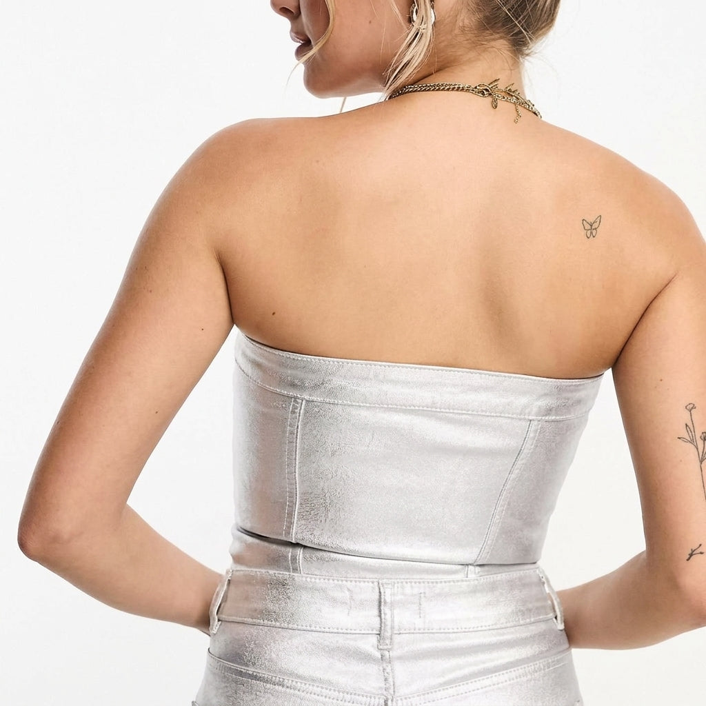 Metallic denim corset top co-ord in silver