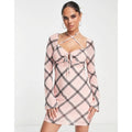 Check mesh sleeve mini dress in pale pink