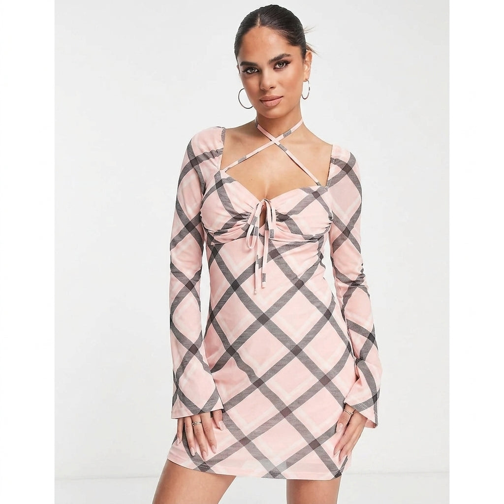 Check mesh sleeve mini dress in pale pink