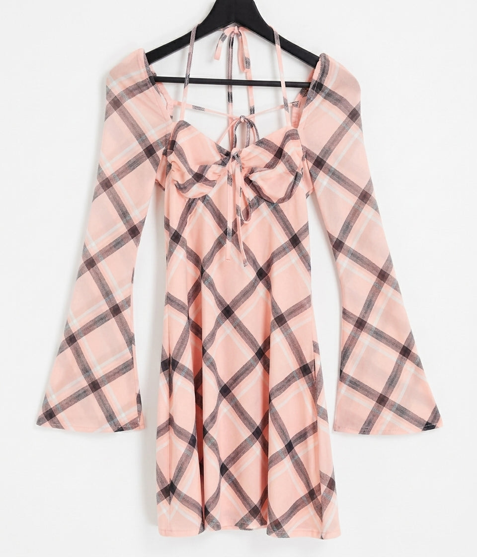 Check mesh sleeve mini dress in pale pink