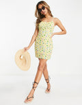 Exclusive ruched detail mini dress in yellow floral