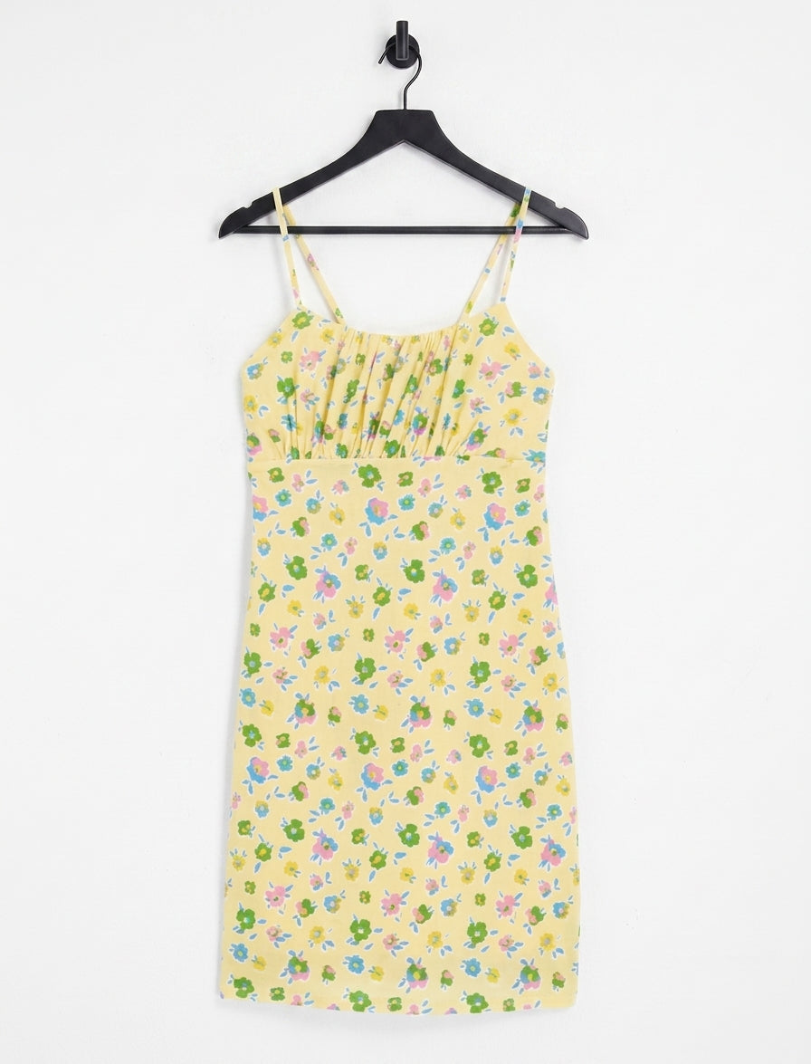 Exclusive ruched detail mini dress in yellow floral