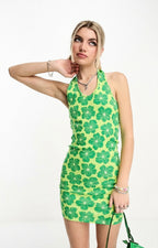 Exclusive halterneck mini dress in pale green floral