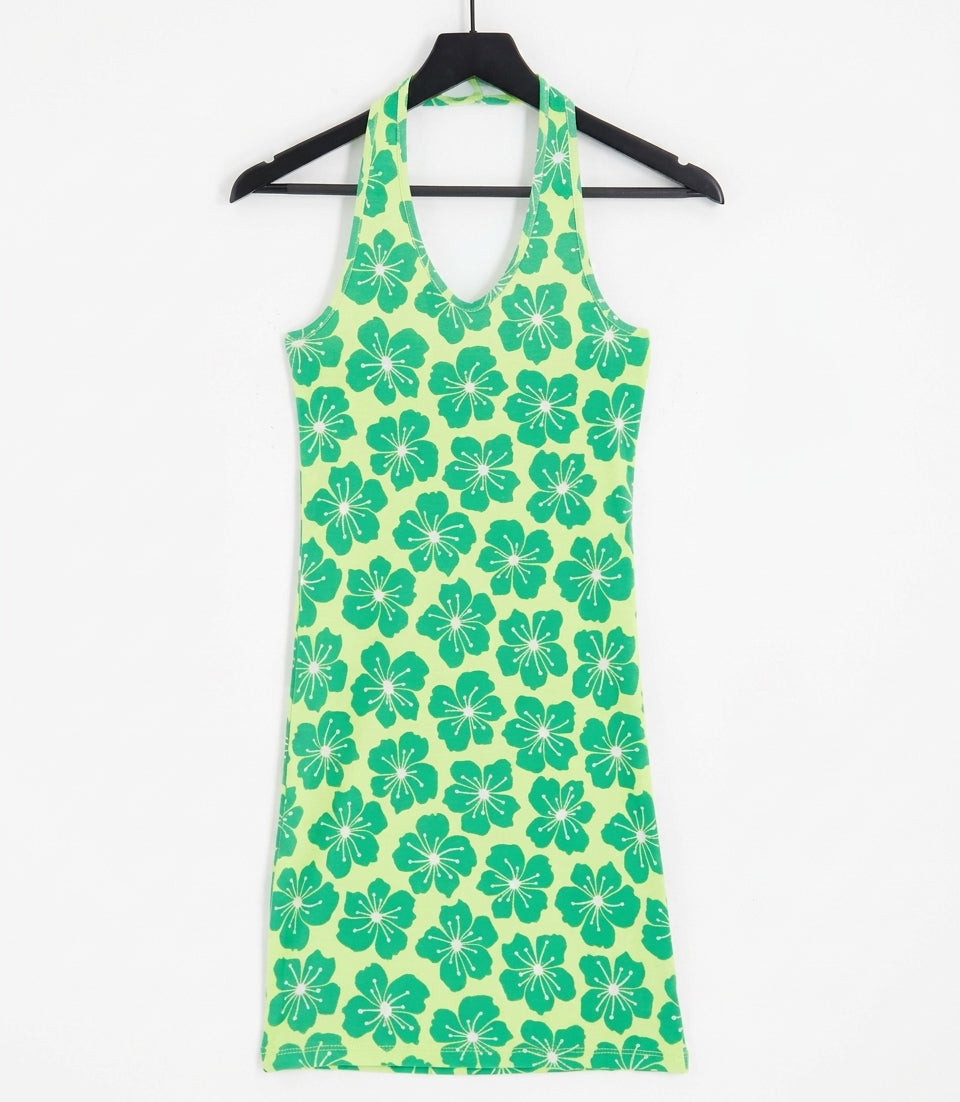 Exclusive halterneck mini dress in pale green floral