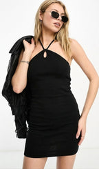 Exclusive halter neck keyhole mini dress in black