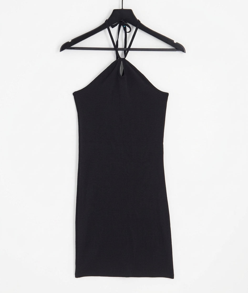 Exclusive halter neck keyhole mini dress in black