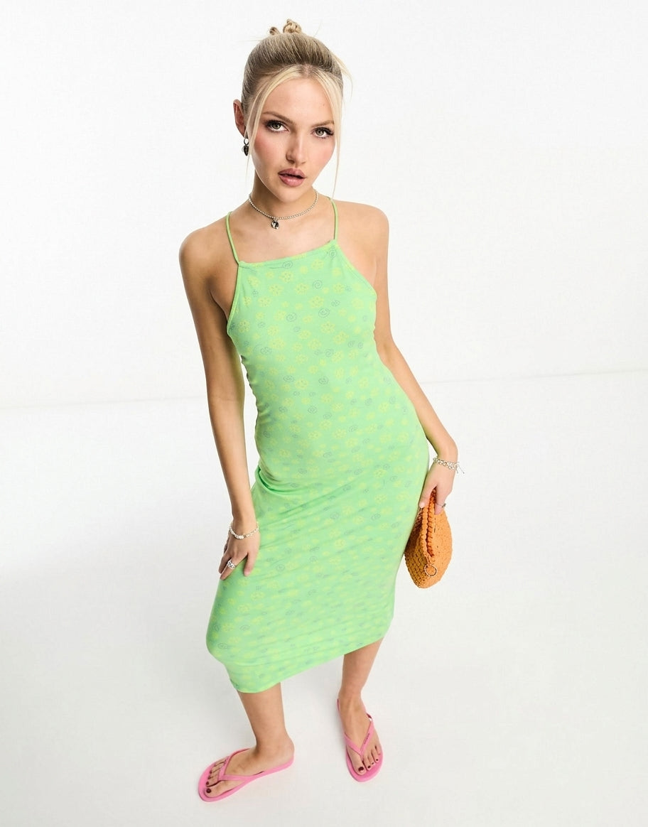 High neck cross midi slip dress in green flower print