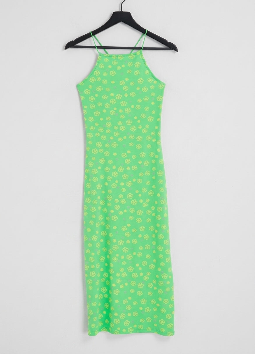 High neck cross midi slip dress in green flower print