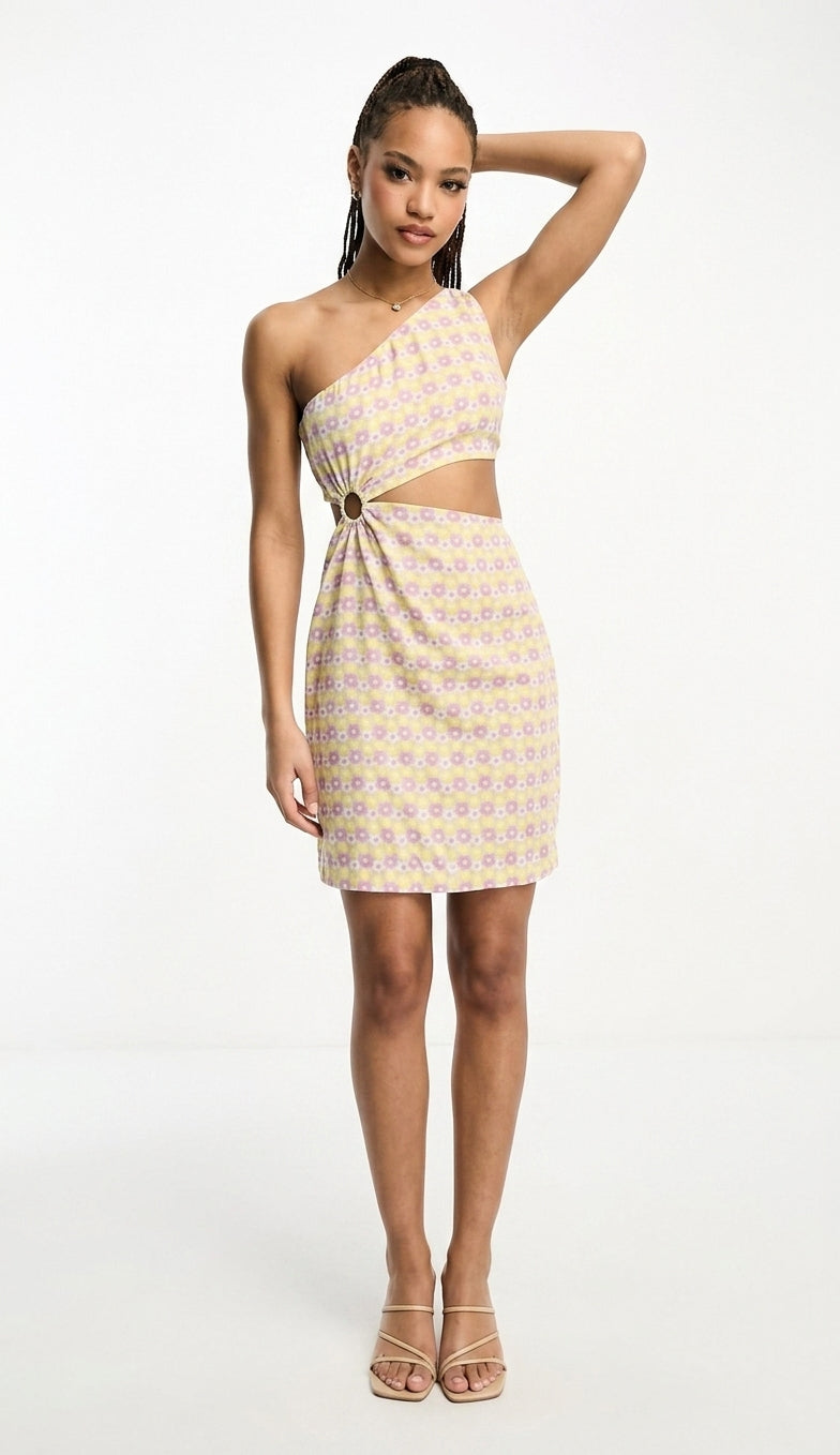 Exclusive one shoulder cut out mini dress in lilac & yellow retro floral
