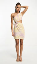 Exclusive one shoulder cut out mini dress in lilac & yellow retro floral