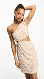 Exclusive one shoulder cut out mini dress in lilac & yellow retro floral