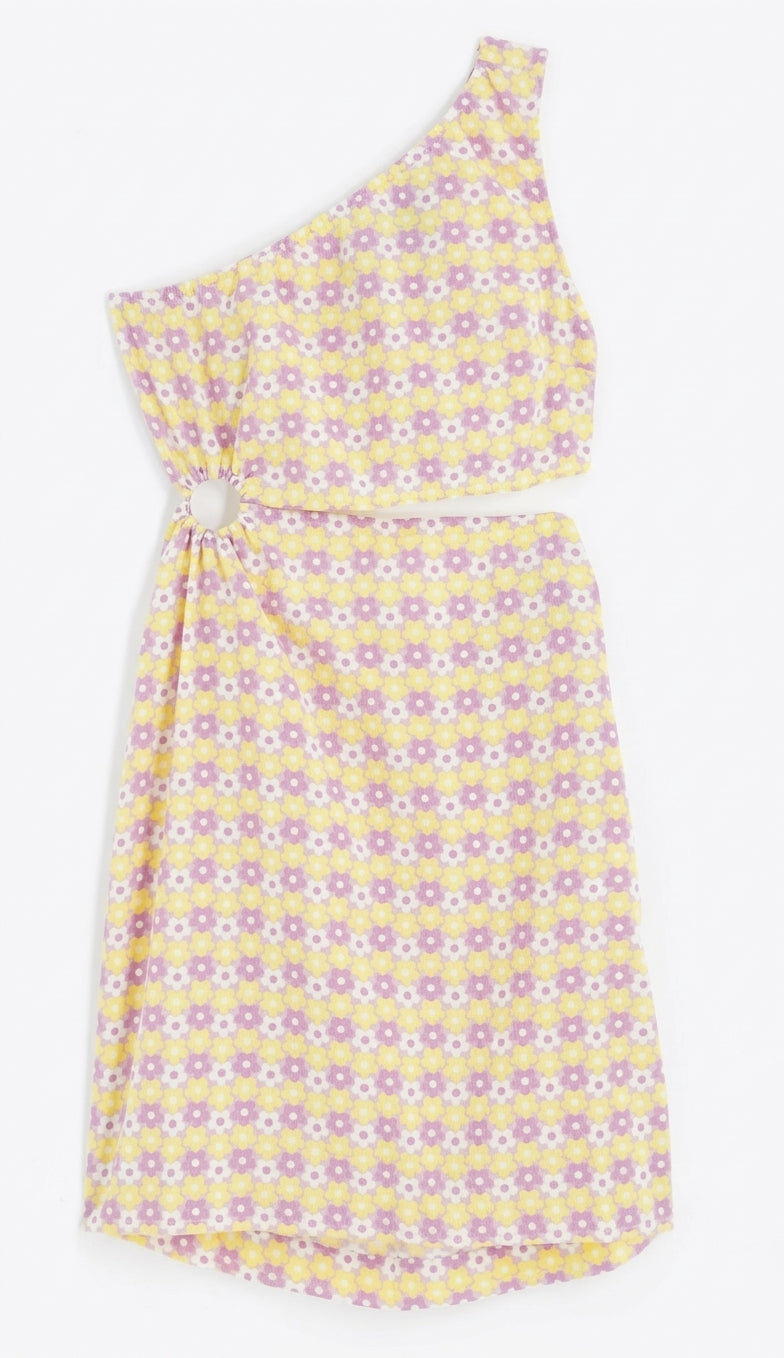 Exclusive one shoulder cut out mini dress in lilac & yellow retro floral