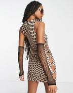 Cut out high neck mini dress in brown wavy spot print