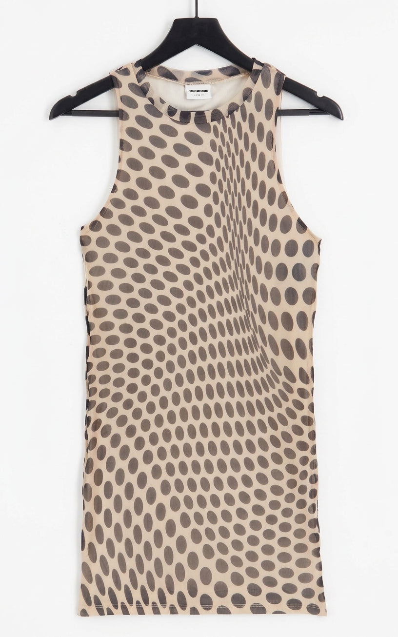 Cut out high neck mini dress in brown wavy spot print