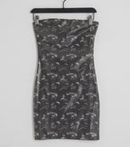 Structured bandeau mini dress in black graffiti print