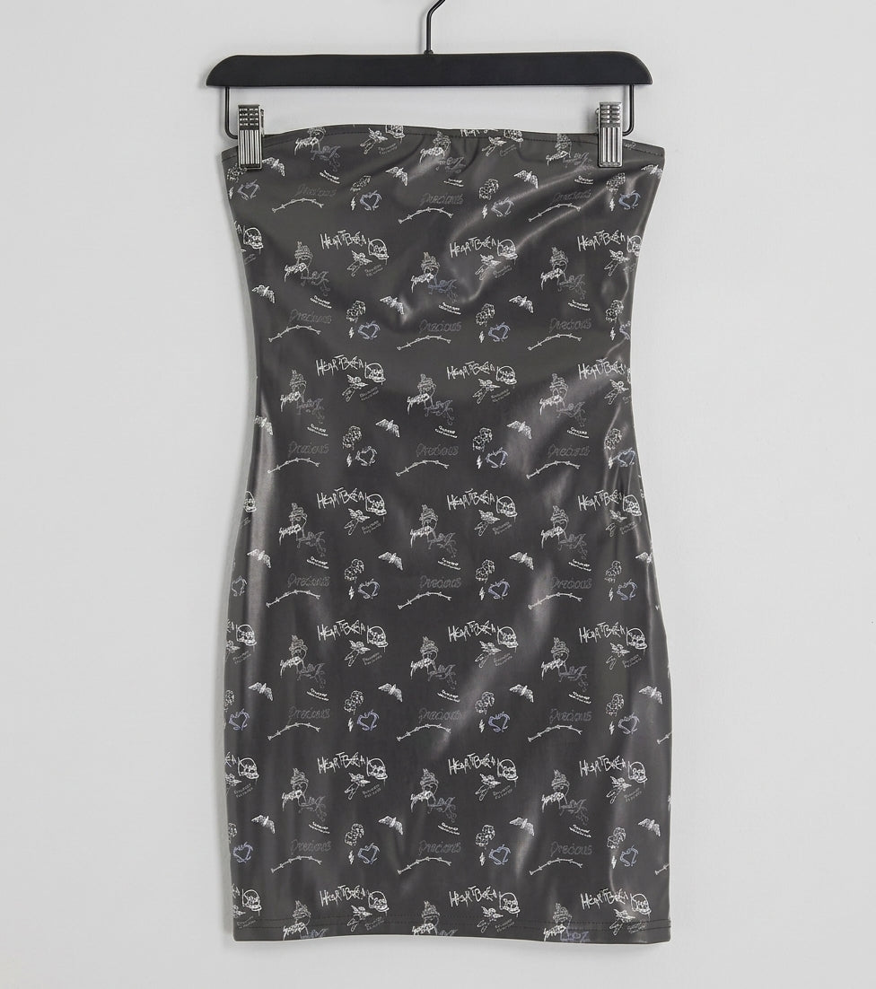Structured bandeau mini dress in black graffiti print