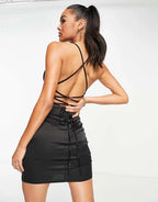 Satin cowl neck mini dress with tie back detail in black