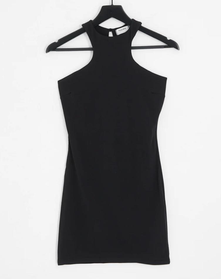 Slinky racer neck mini dress in black