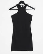 Slinky racer neck mini dress in black