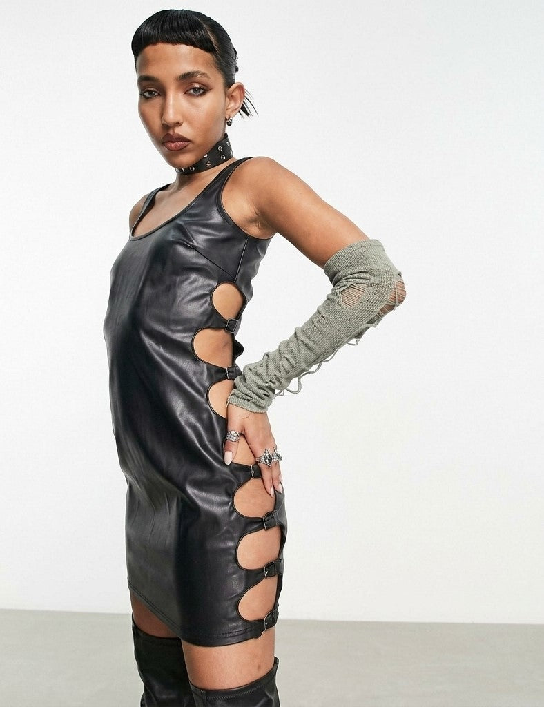PU cut out vest mini dress in black
